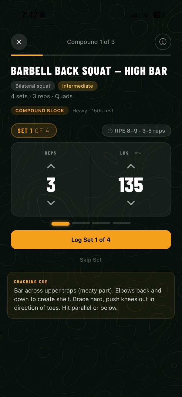 Summit app active workout logging screen